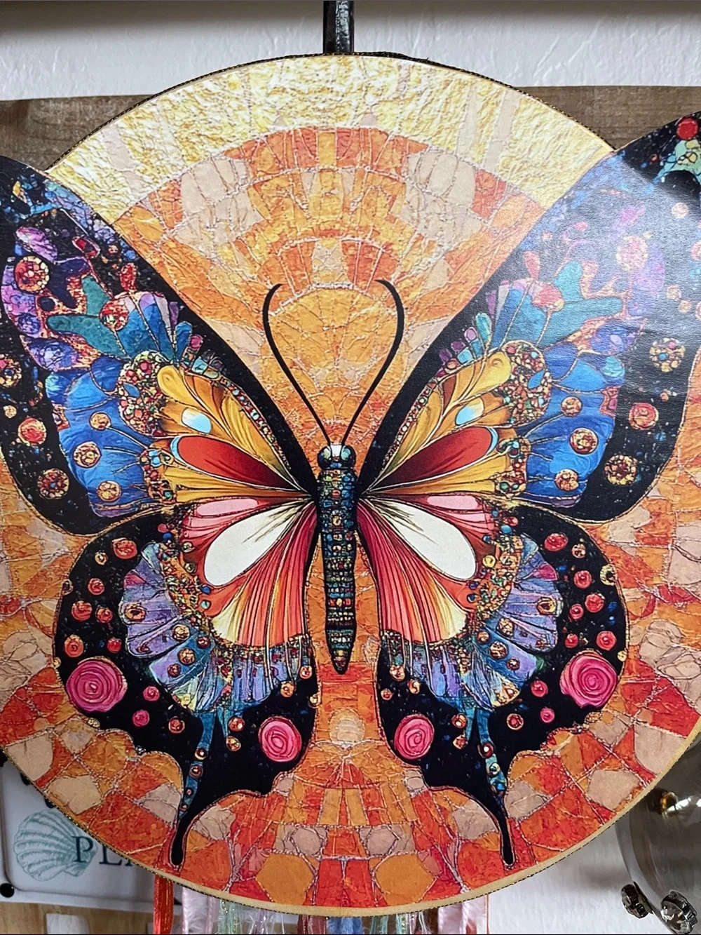 Colorful Butterfly Wall Tambourine Hanging - Vibrant Orange and Black
